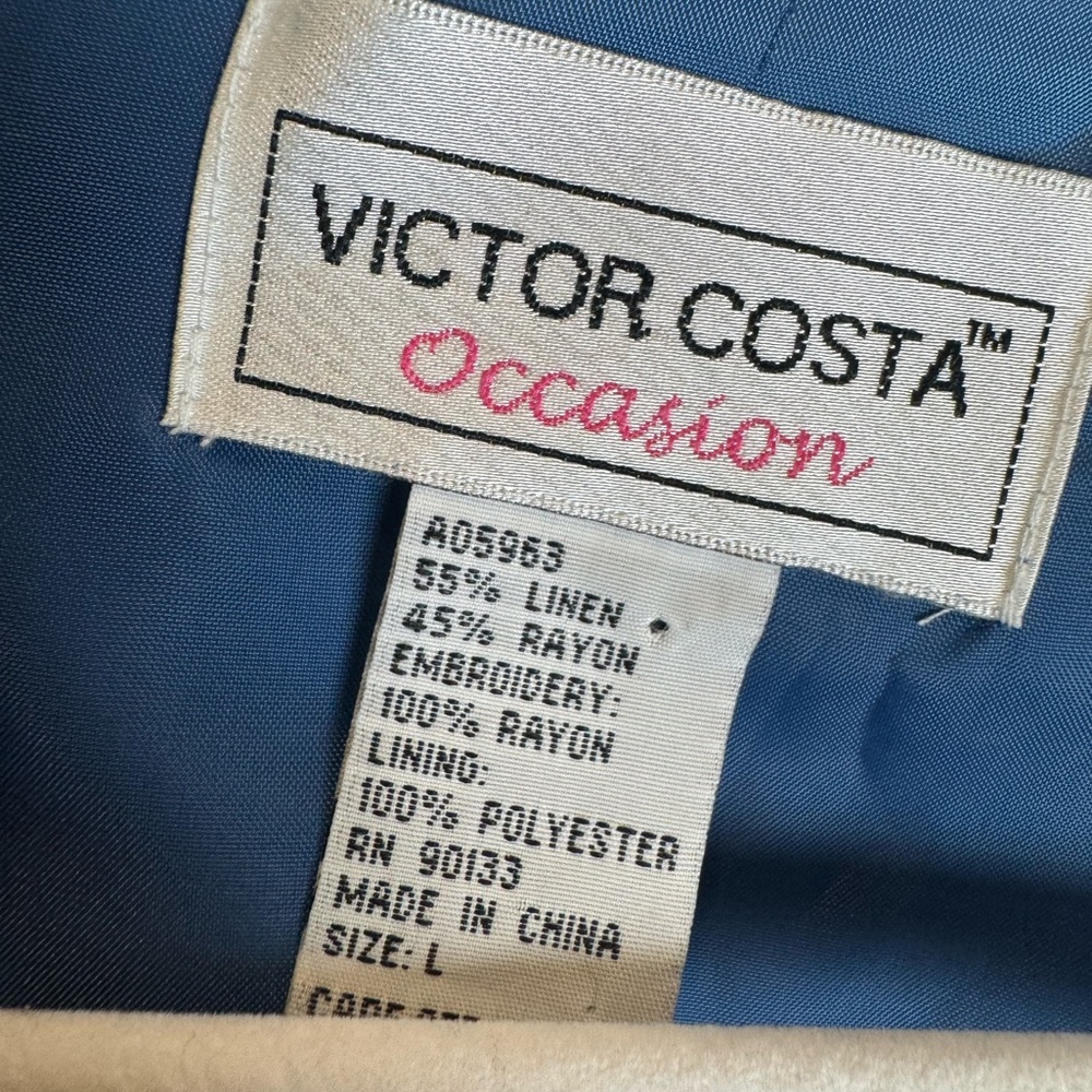 Victor Costa Occasion Blue Linen Blend Embroidered Floral Blazer L - Picture 3 of 4